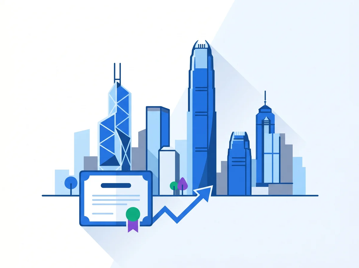Hong Kong financial district skyline with an SFC licence certificate