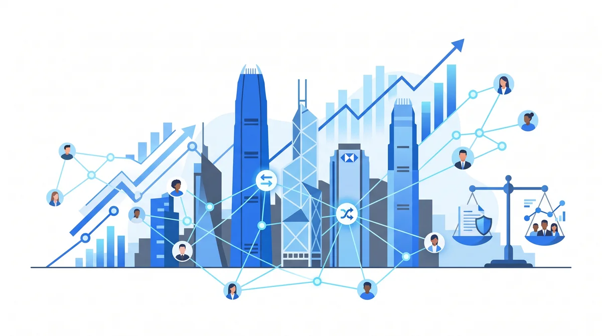 Illustration of the Hong Kong SFC license marketplace connecting buyers and sellers across the financial district skyline